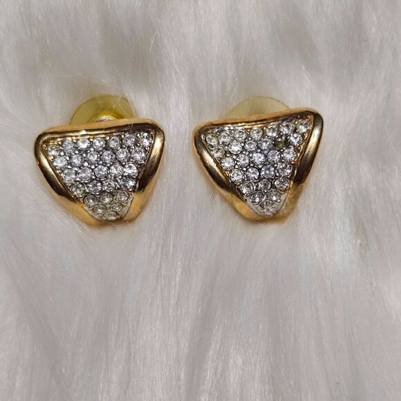 Vintage Unsigned Designer Gold Plated Triangle Pave Rhinestone Pierced Earrings - Picture 2 of 4
